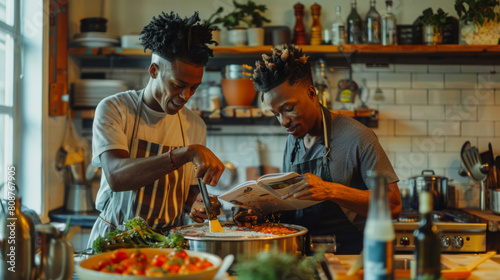 LGBTQ+ couple discussing over a meal preparation in a well-equipped kitchen, one pointing at a recipe book while the other tastes the sauce, educational and fun interaction, Photography, shot using a  photo