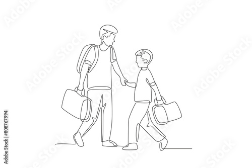 Refugee father and son. World refugee day concept one-line drawing