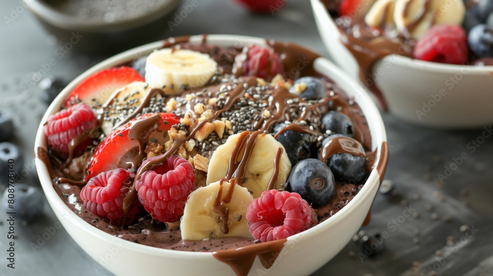 Indulge in a luscious bowl of chocolate pudding adorned with ripe bananas and juicy raspberries Indulge in a luscious bowl of chocolate pudding adorned with ripe bananas and juicy raspberries