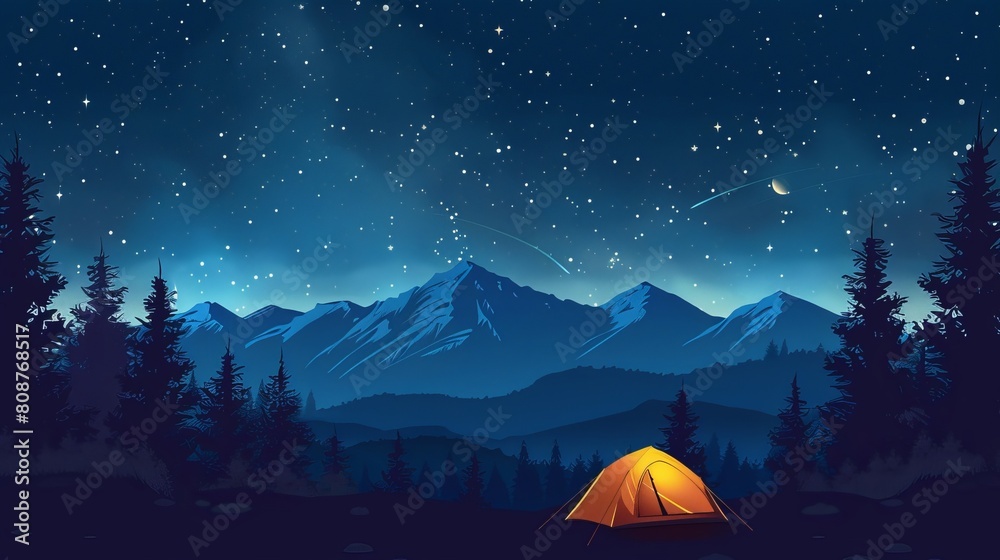  a captivating stock illustration depicting a serene scene of camping under a starry night sky.