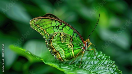 A beautiful green butterfly with long, fan-like tail, rests on a green leaf. The photo was captured from up close, making the butterfly's intricate patterns visible