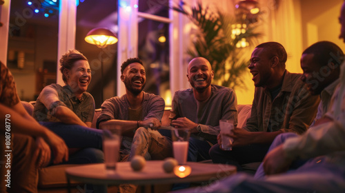LGBTQ+ friends gathered in a living room, sharing stories and laughing, diverse group, warm lighting and comfortable seating, evening setting, Photography, taken with a full-frame camera, ambient ligh photo