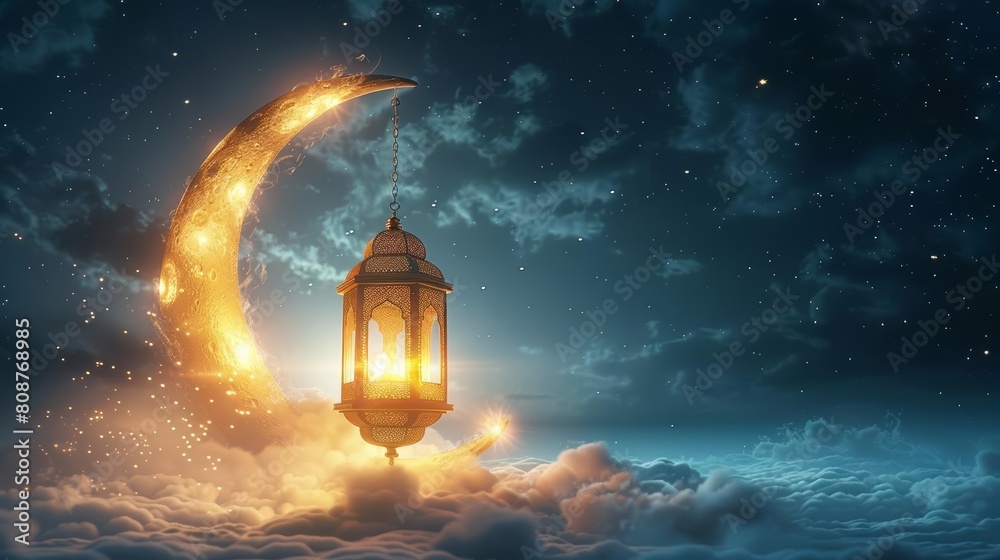 3d lantern hanging on crescent moon with clouds and stars, ramadan islamic concept background, space for text, 3d lantern hanging on crescent moon with clouds and stars, ramadan islamic concept background, space for text,
