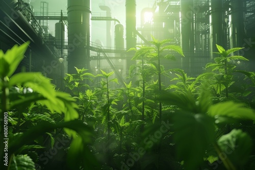 Lush foliage in the foreground with a silhouette of an industrial plant and sunlight