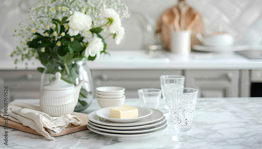 Clean plates, glasses, butter dish and floral decor on white marble table in kitchen Clean plates, glasses, butter dish and floral decor on white marble table in kitchen