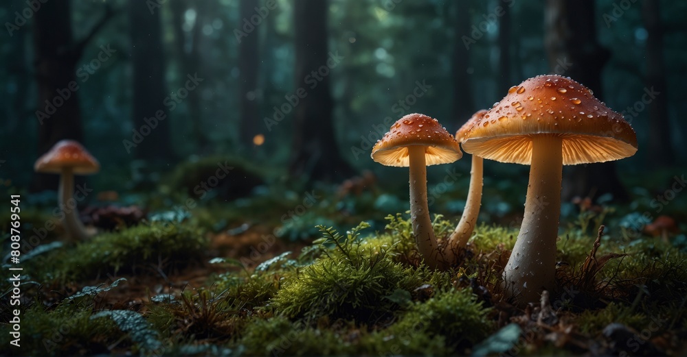 Fototapeta premium Detailed digital art portraying a fantasy enchanted forest with magical mushrooms. Stunning macro shot of magic fungus bathed in mystical light.