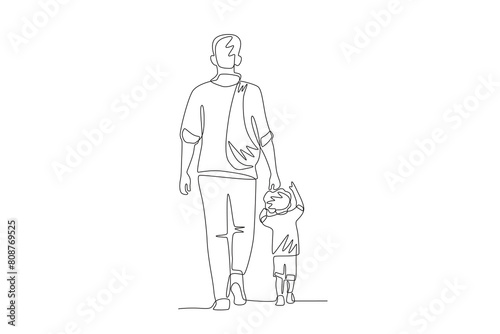 Refugee man carrying his child. World refugee day concept one-line drawing