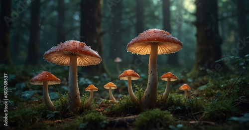 Detailed digital artwork capturing a fantasy enchanted forest with magical mushrooms. Beautiful macro shot of magic fungus glowing in ethereal light