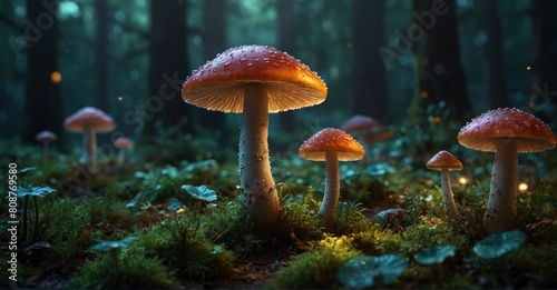 Detailed digital rendering of a fantasy enchanted forest with magical mushrooms. Exquisite macro shot of magic fungus illuminated by mystical light. © Hashim
