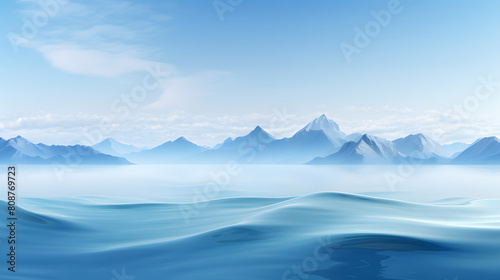 Presented in a naturalistic style with flowing forms mountains water lines poster background