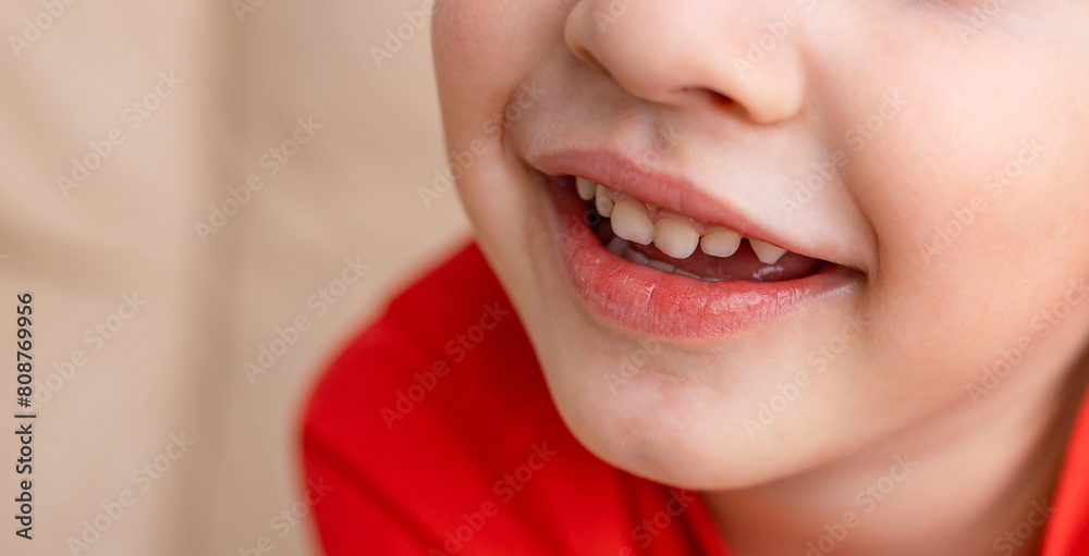Fototapeta premium Happy boy child is smiling. Portrait of young boy. Concept of happy family or successful adoption or parenting
