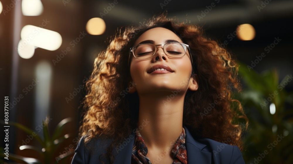 Joyful Businesswoman Enjoying a Break in a Modern Office Setting Joyful Businesswoman Enjoying a Break in a Modern Office Setting