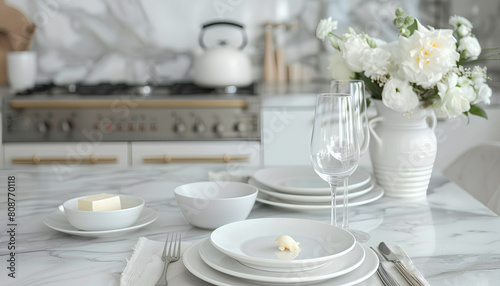 Wallpaper Mural Clean plates, glasses, butter dish and floral decor on white marble table in kitchen Torontodigital.ca