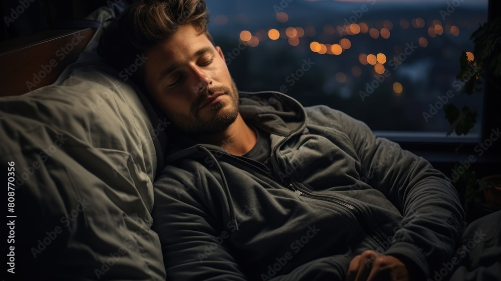 Peaceful Young Man Sleeping Soundly at Night in a Cozy Bedroom Scene