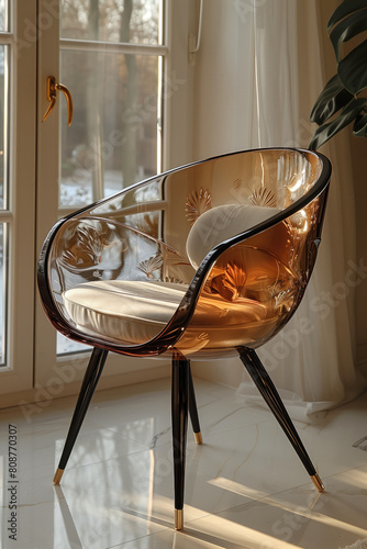 Art-Deco, silla, escultura, 60s, cristal, decoración minimalista, diseño de interiores, lujo, arte, transparente ámbar, madera, asiento en forma de medio huevo, sofisticación y elegancia  photo
