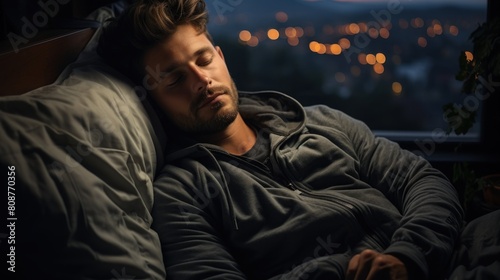 Peaceful Young Man Sleeping Soundly at Night in a Cozy Bedroom Scene photo