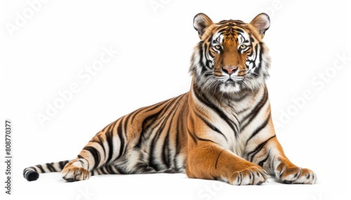 Majestic tiger lying down isolated on white