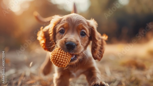 playful puppy, happy puppy with floppy ears carrying a squeaky toy in its mouth, playful and joyful in their antics
