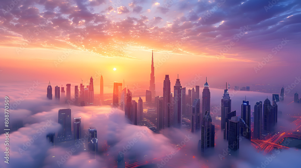 A photo featuring a bustling urban skyline at sunrise. Highlighting the glittering skyscrapers and waking city streets, while surrounded by morning fog A photo featuring a bustling urban skyline at sunrise. Highlighting the glittering skyscrapers and waking city streets, while surrounded by morning fog