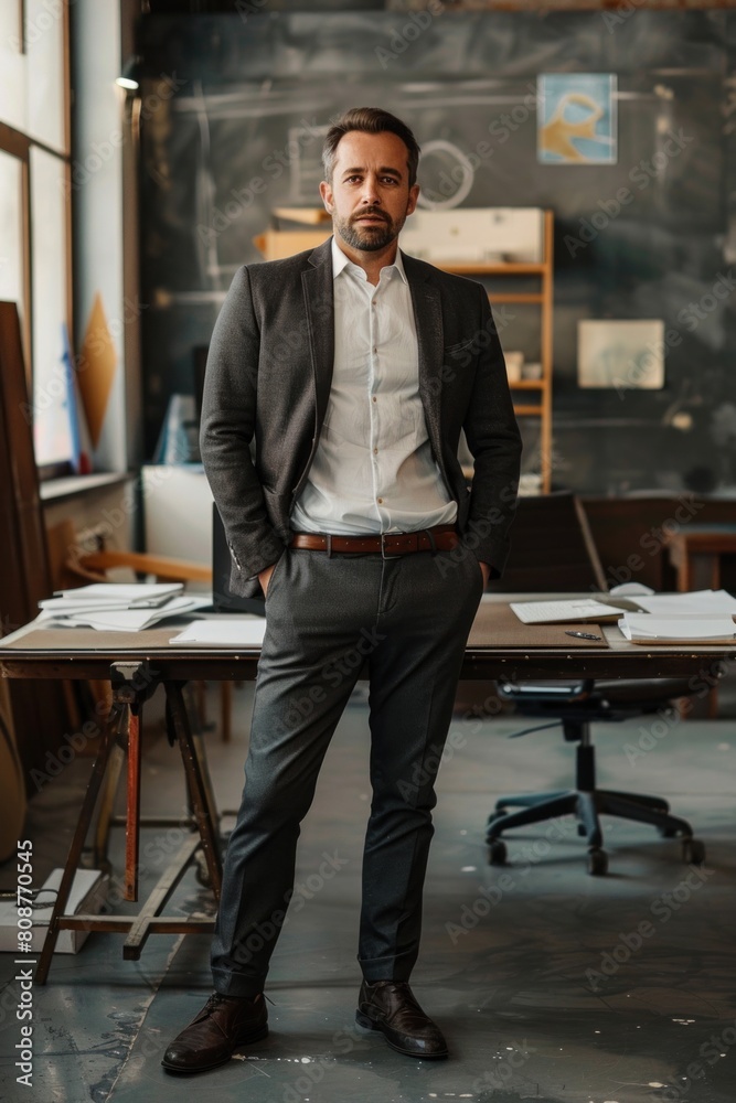 Confident professional man exudes leadership and poise in a contemporary office setting, standing proudly with hands in pockets in a tailored suit Confident professional man exudes leadership and poise in a contemporary office setting, standing proudly with hands in pockets in a tailored suit