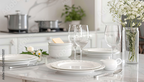 Clean plates, glasses, butter dish and floral decor on white marble table in kitchen © Oleksiy
