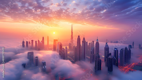 A photo featuring a bustling urban skyline at sunrise. Highlighting the glittering skyscrapers and waking city streets, while surrounded by morning fog