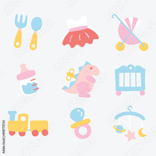 Baby toys and accessories in pastel icons