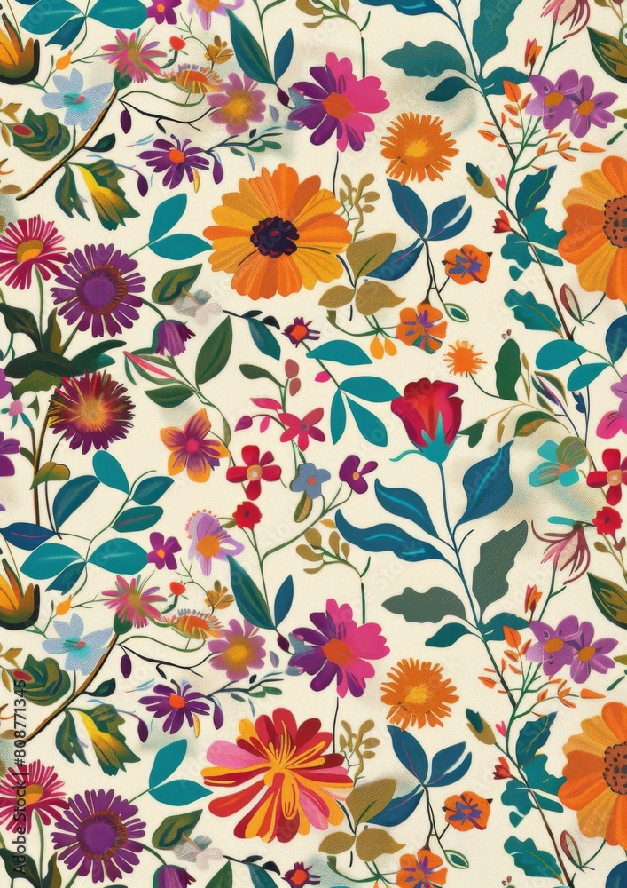 A vibrant and colorful pattern featuring flowers