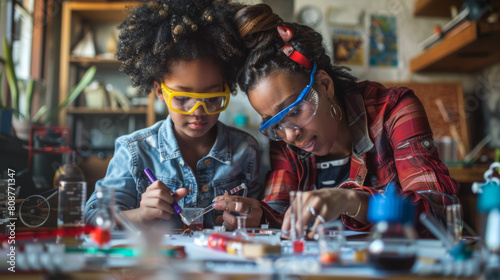 LGBTQ+ parent helping their child with science project at home, table cluttered with project materials, both wearing safety goggles, a moment of discovery and excitement, Photorealistic image, photogr photo