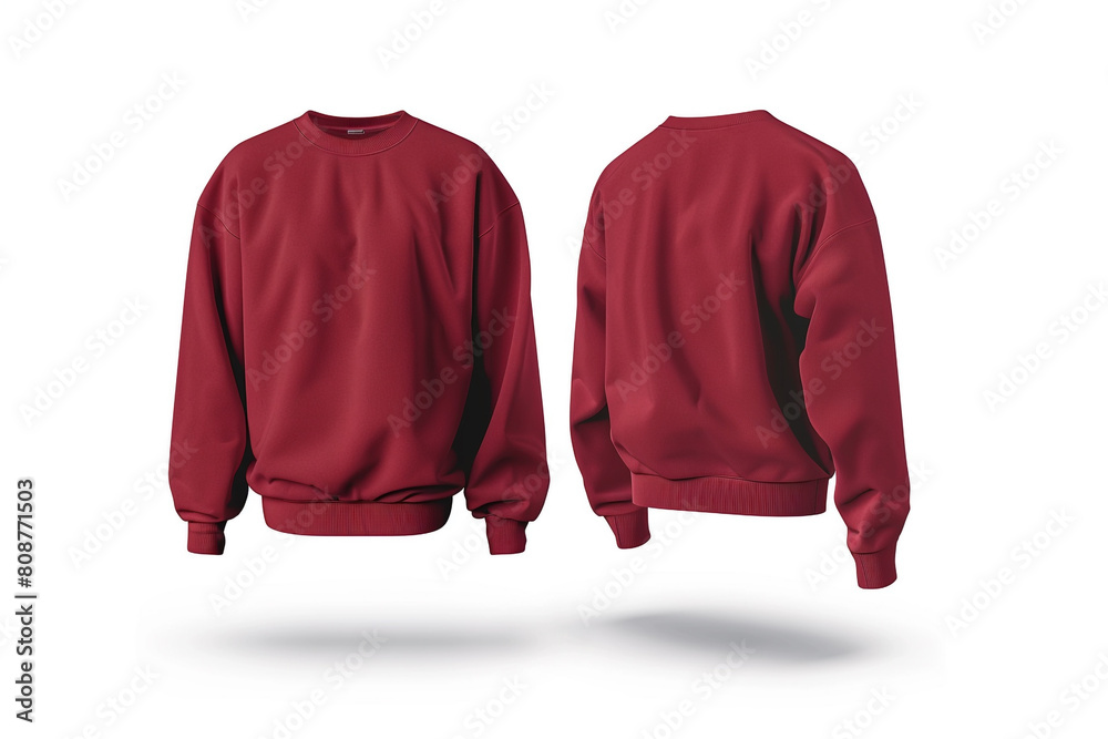 A crimson red blank sweatshirt mockup, showcasing both the front and back views, suspended in a void with no shadows, on an immaculate white backdrop for a pristine design visualization. A crimson red blank sweatshirt mockup, showcasing both the front and back views, suspended in a void with no shadows, on an immaculate white backdrop for a pristine design visualization.