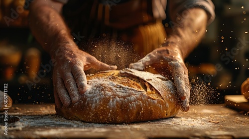 Focus on the delicate dusting of flour on the artisans fingertips