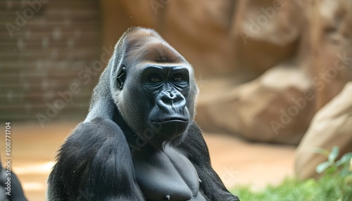 Majestic Gorilla Sitting in Zoo Enclosure