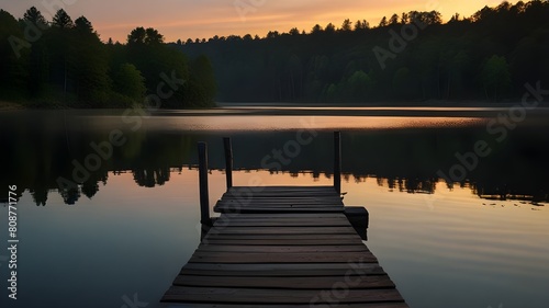  dilapidated wooden dock stretching out into a calm, reflective lake at sunset. 