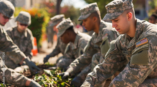 A group of active duty soldiers volunteering at a Memorial Day community cleanup wearing their uniforms and helping local residents.