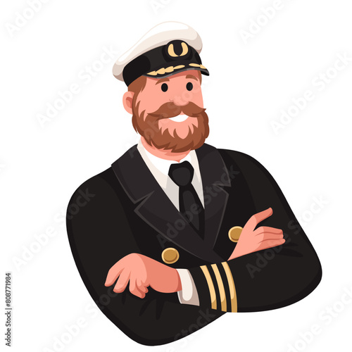 Captain of ship or cruise boat, cartoon man in navy uniform. Bearded officer character in cap and costume crossed arms over chest with smile, cartoon portrait of happy captain vector illustration