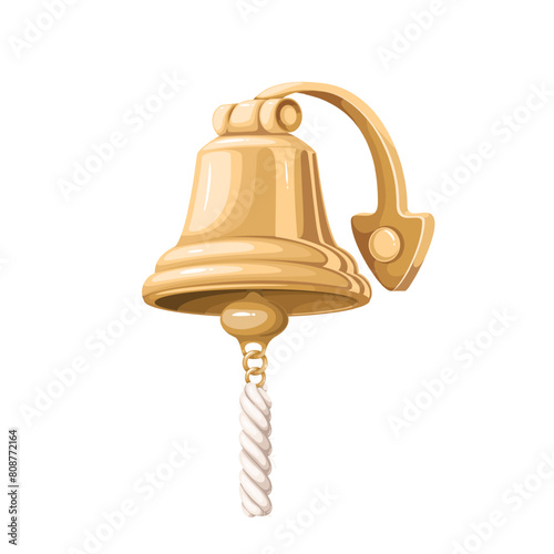 Vintage brass ships bell, cartoon nautical equipment. Ancient alarm ring with rope on boat deck to call sailors and captain, cartoon antique and retro metal bell of old sailboat vector illustration