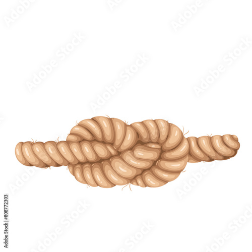 Nautical knot on rope, cartoon intertwined node. Tight jute cord of ancient ships gear, cartoon natural rough thread with knot, marine equipment of sailboat for climbing sailors vector illustration