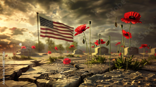 A magical realist scene where red poppies grow directly from the cracks in tombstones with an American flag waving solemnly in the background creating a poignant contrast. photo