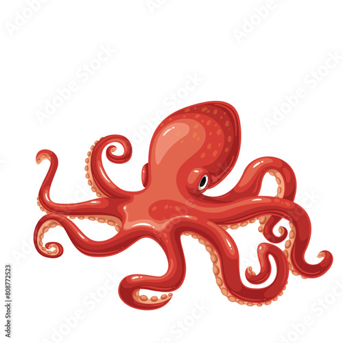 Red octopus with tentacles, cartoon sea and ocean animal. Cute giant kraken monster of fantasy story, cartoon creepy underwater cuttlefish with suckers on legs, swimming octopus vector illustration