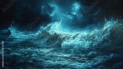 Illustrate the ethereal beauty of bioluminescent waves in a photorealistic oil painting