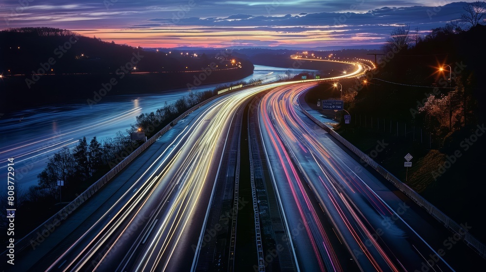 A long exposure photo of the lights from cars on a motorway at night