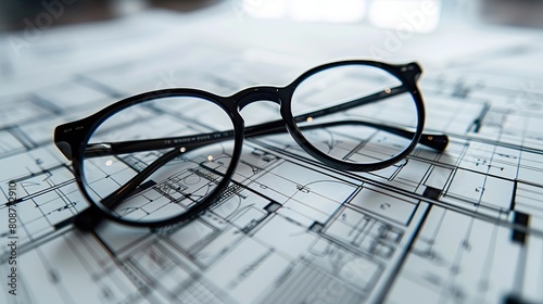 conceptual architectural plan adorned with a pair of glasses  symbolizing the vision and foresight required in the fields of architecture  construction  and engineering