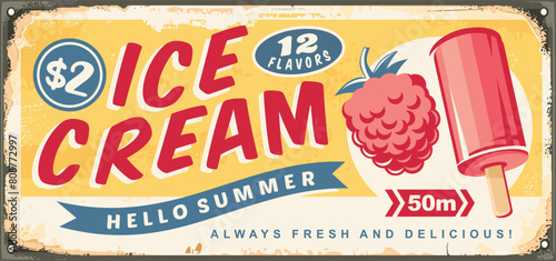 Ice cream sign on old vintage tin background. Retro advertisement with pink ice cream on a stick and juicy delicious raspberry fruit. Vintage vector food illustration. Delicious summer dessert.