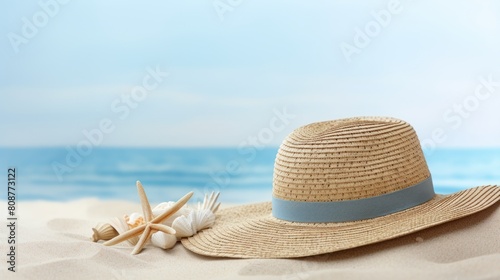 beach setting with a straw hat  starfish  and seashells on the sand  against a backdrop of calm blue ocean and sky
