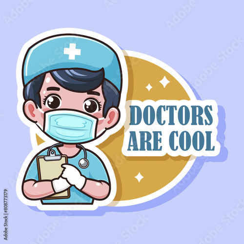 Cartoon illustration of a happy doctor with a clipboard, wearing a mask, with the text DOCTORS ARE COOL on a purple background, Vector illustration. Vector illustration