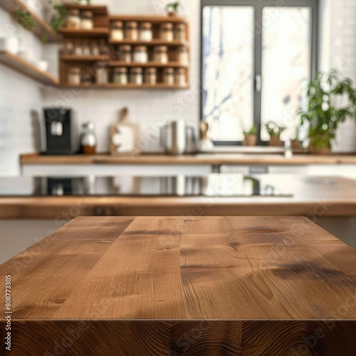 Wood table top on blurred kitchen background