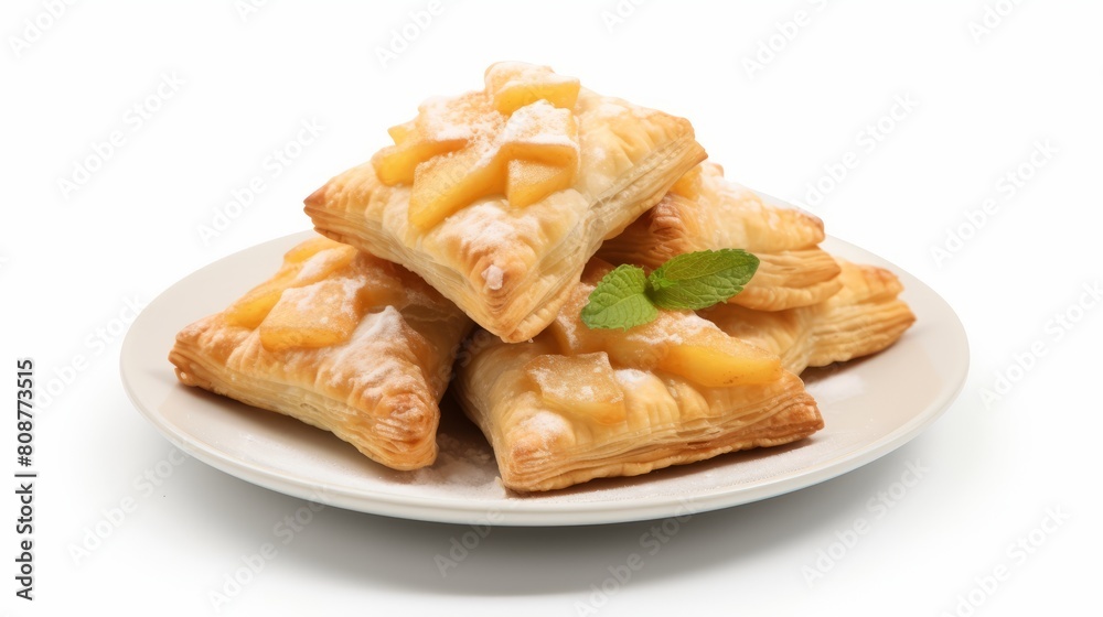a plate of pastries topped with powdered sugar and peach slices, garnished with mint, against a white background a plate of pastries topped with powdered sugar and peach slices, garnished with mint, against a white background