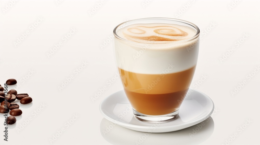 a layered coffee with a smiley face design on the foam, beside scattered coffee beans on a white surface. a layered coffee with a smiley face design on the foam, beside scattered coffee beans on a white surface.