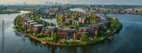 Modern sustainable neighbourhood in Almere, The Netherlands The city heating stadswarmte in the district is partially powered by a solar panel island Zoneiland Aerial view photo