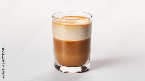 a layered coffee in a clear glass from dark brown to light cream, topped with a frothy layer, set against a white background.